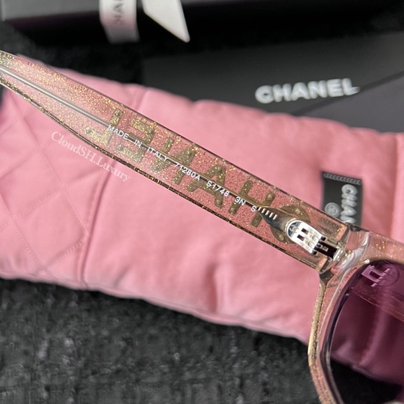 Auth NIB Chanel 71280 Crystal Logo Gold Glitter Rectangle Sunglasses - Picture 8 of 13